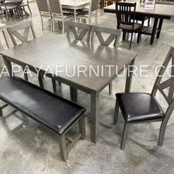 6-Pcs Dining Set, Wood Dining Set, 4 Chairs , 1 bench with  a Table, Kitchen Furniture, Casual dining room set, Matching Dining Chairs Set. Set Includ