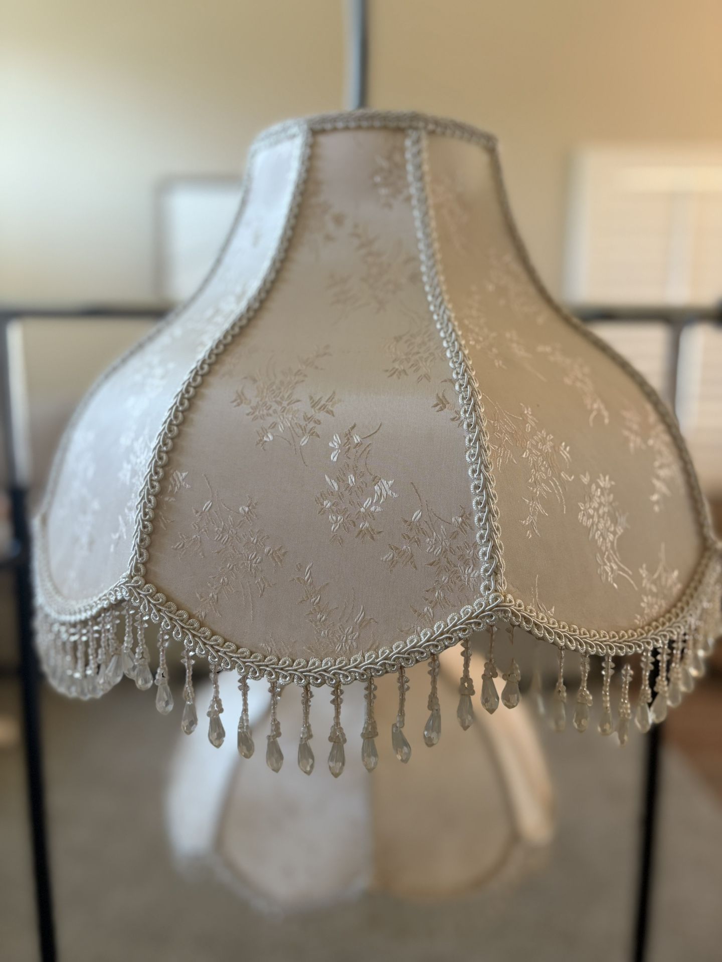 Pair Of Victorian Floral Brocade Ivory Satin Lamp Shade W/Fringe Clear Beads 17”