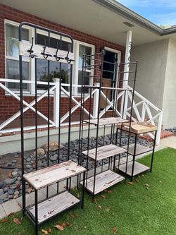 Industrial Metal and Wood Entryway Hall Tree with Shelves
