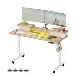 Electric Standing Desk with Drawers, Sit Stand Desk with Built-in Power Strip, Adjustable Height, 23.6 x 55.1 Inches, 2 Hooks, Memory Fun