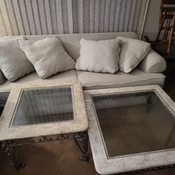 WHITE COUCH AND 2 TABLES