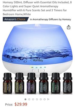 500mL Diffuser w/Essential Oils Included-8 Color Lights & Super Quiet Aromatherapy Humidifier w/6 Pure Scents Set & 3 Timers for Bedroom/Home-White