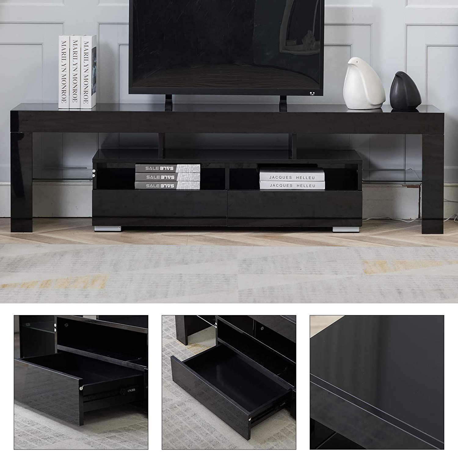 Glossy Black TV Stand with LED RGB Lights, Wood Media Storage Console for 65 Inch TV