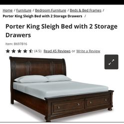 Porter King Sleigh Bed with 2 Storage Drawers and (2) 3 drawered nightstands 