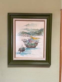 Vintage Framed Harbor Watercolor Signed Chan – Coastal Nautical Wall Art – 21” x 25”