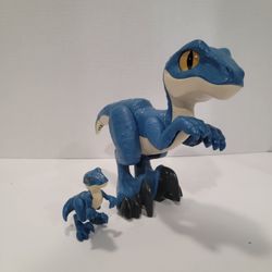 MATTEL Imaginext Jurassic Park World Blue Raptor 9.5 inch Dinosaur With Baby