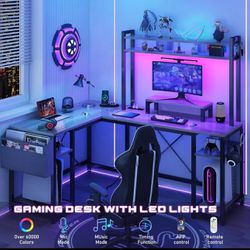 L-Shaped Gaming Desk LED Lights & Power Outlet Storage Shelves Monitor Stand