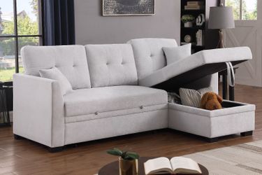 New Light Grey Fabric Sectional Sofa with Pullout Sleeper Bed and Storage Reversible Left Right Chaise Dark Navy Black Ashley Style Discount Big SALE