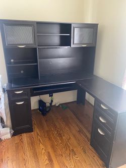 Title: “Large L-Shaped Office Desk with Hutch & Matching File Cabinet - Black