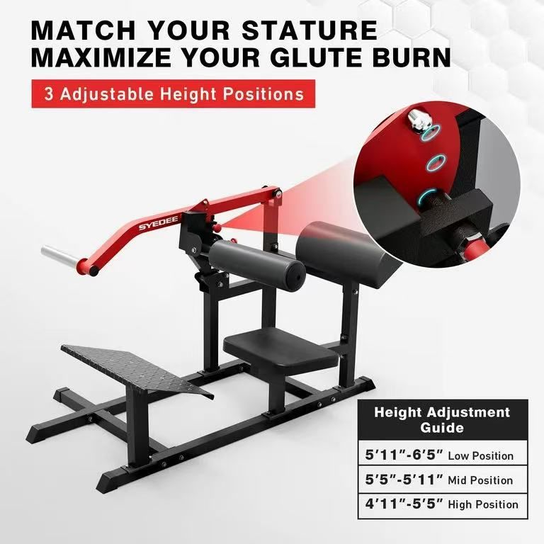Syedee Hip Thrust Machine, Plate-Loaded Glute Bridge Machine with Blanced Hip Pad, Butt Exercise Equipment with 3 Adjustable Height Positions