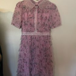 Pink Floral Tiered Ruffle Dress with Beaded Collar