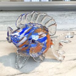 Murano Italy Hand Blown Art Glass Fish Figurine Orange Blue Clear