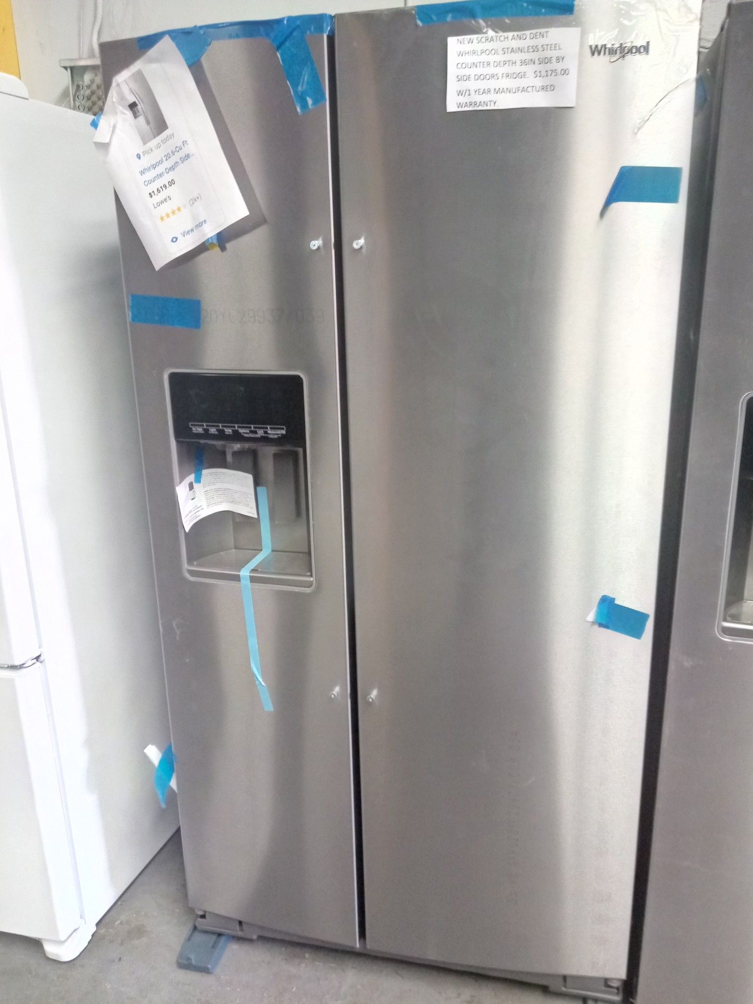 NEW SCRATCH AND DENT WHIRLPOOL COUNTER DEPTH SIDE BY SIDE DOORS FRIDGE 36 IN W/1 YEAR WARRANTY