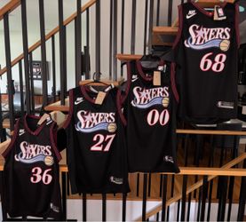 Philadelphia 76ers Nike black retro jerseys with individualized nicknames.  Brand new.