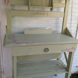 Solid Wood Potting Bench 46"W,21"D,69"T Green With Hand Painted Rose Garland