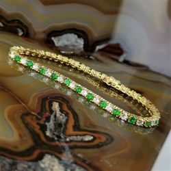 Sterling 925 14K Gold Plated Clear & Emerald Green CZ Tennis Bracelet 