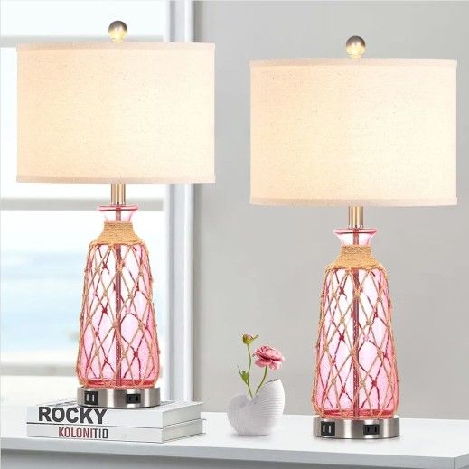 Set of 2 25.5-inch coastal glass table lamps, 3-way dimmable, touch control, with 2 USB ports and AC outlet, pink nautical lamps for bedside table
