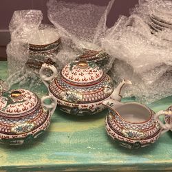 33 Piece Blue And Green Dragon Tea And Dessert China Set Hand Painted