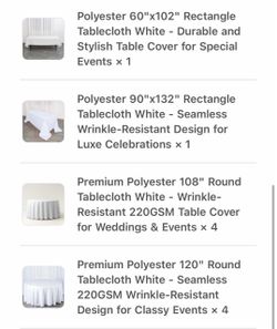 White Tablecloths (rectangle, round, various sizes)