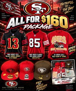 ALL for $160 (2) 49ers Jerseys, (1) 49ers Shirt, (3) 49ers Hats