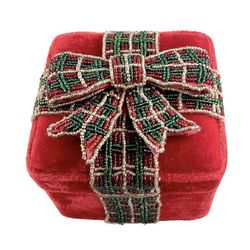 Vintage square box red velvet beaded bow ribbon handcrafted  Christmas trinket b