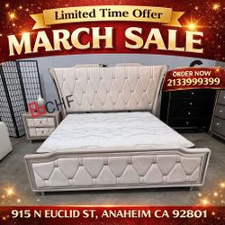 Eastern King LED Upholstered Bed Ivory and Camel