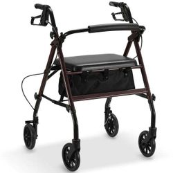 Rollator Walker with Seat, Foldable Rolling Medical Walker with 6" Wheels, Aluminum Frame Supports Up to 300 lbs, Burgundy  Sturdy Steel C