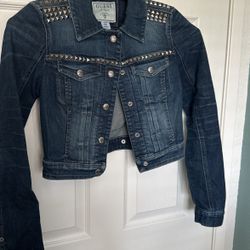Vintage Y2K Guess Women’s Studded Denim Zip Up Jacket Size XS