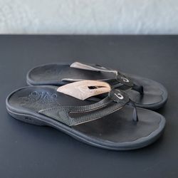 OLUKAI ANIANI BLACK Leather Straps Thong Flip Flop Sandals Womens 8