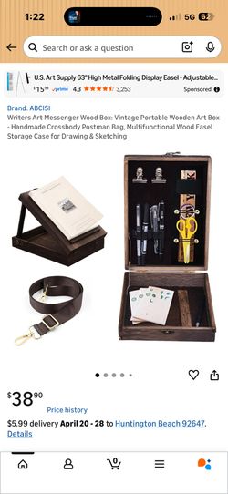 New vintage real wood art box with faux leather strap