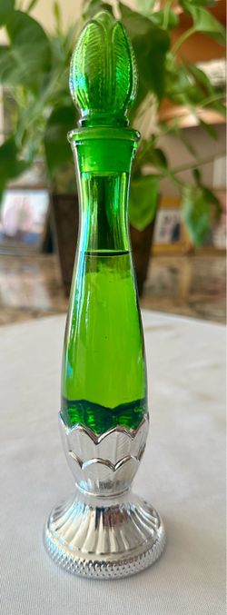 Vintage collectible 1970’s Avon Empire Green Glass Bud Vase Silver Plate Base full with Moonwind Cologne Geni Stopper
