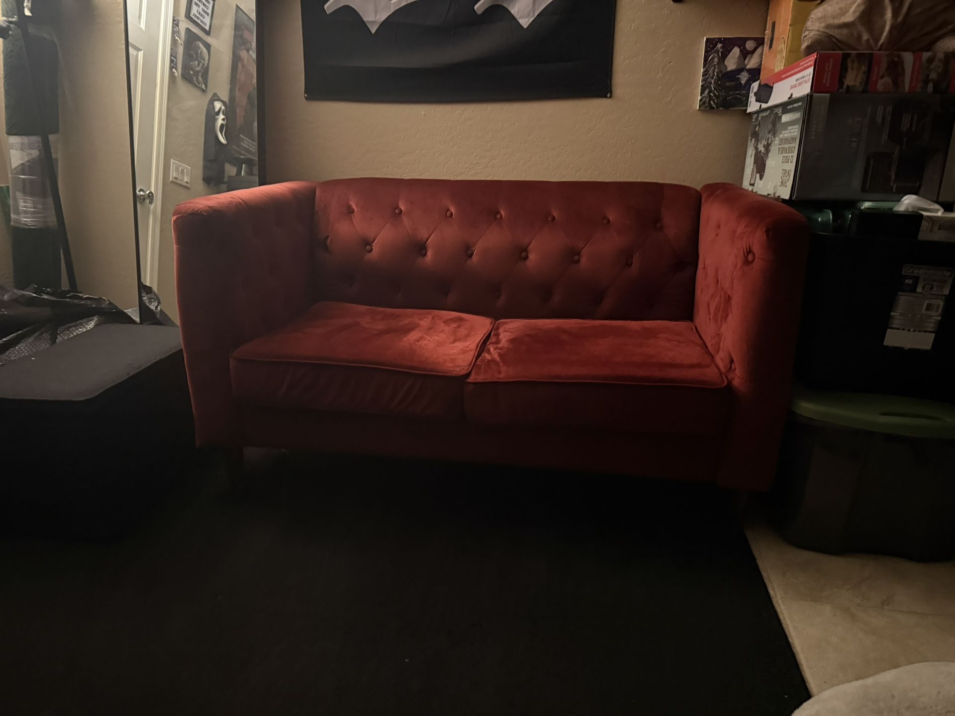 Red velvet loveseat