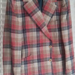 70's Men's Pinkish Red/Navy/Tan Plaid Linen Sportscoat 