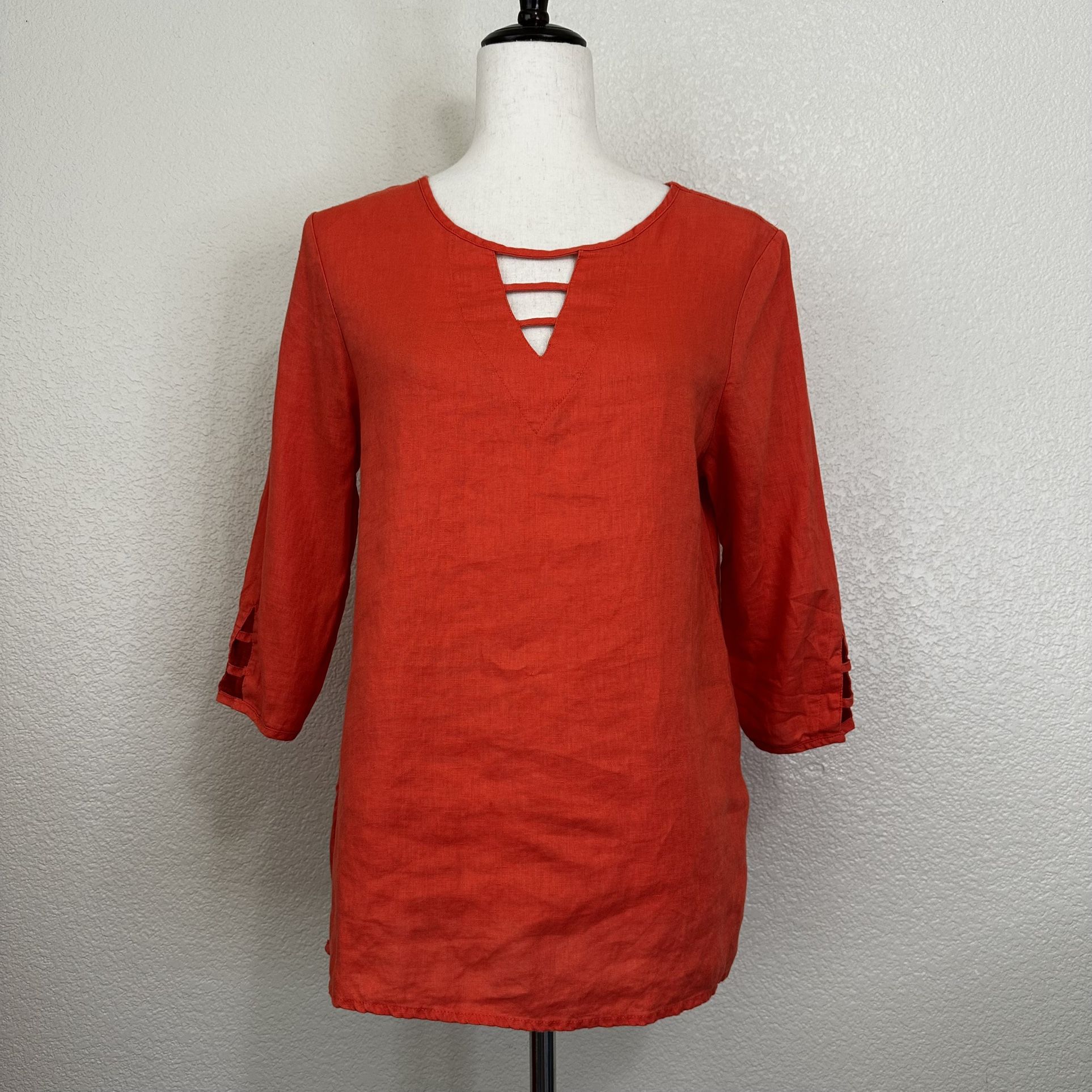 Calligraphie 100% Linen Orange Cut outs 3/4 Sleeves Tunic Top, Sz Small