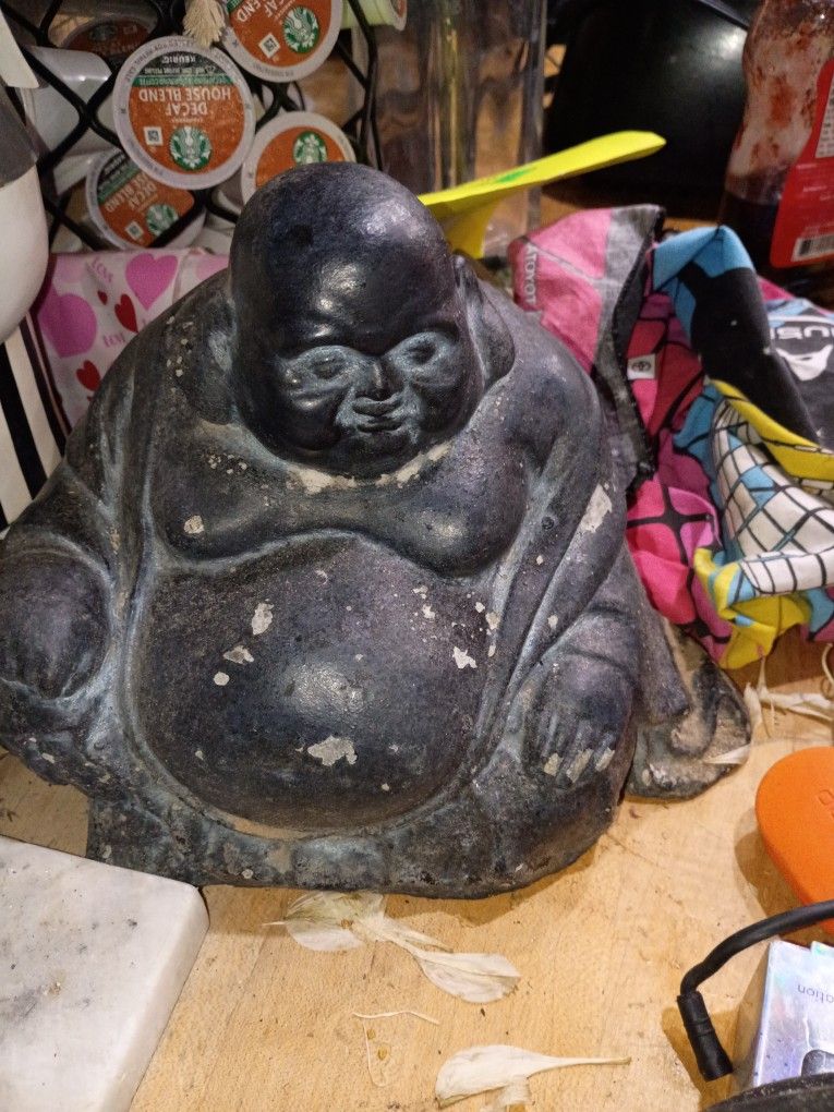 Stone Buddha Statue Antique Seated Fat Smiling Garden Decor