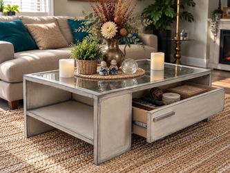 Refinished Glass Top Coffee Table with Storage Drawer – $249