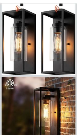 New 14" Dusk to Dawn Outdoor Wall Sconce 1 Light in Cylinder Glass Shade and Matte Black Rectangular Metal Frame Waterproof Porch Light Patio Light P