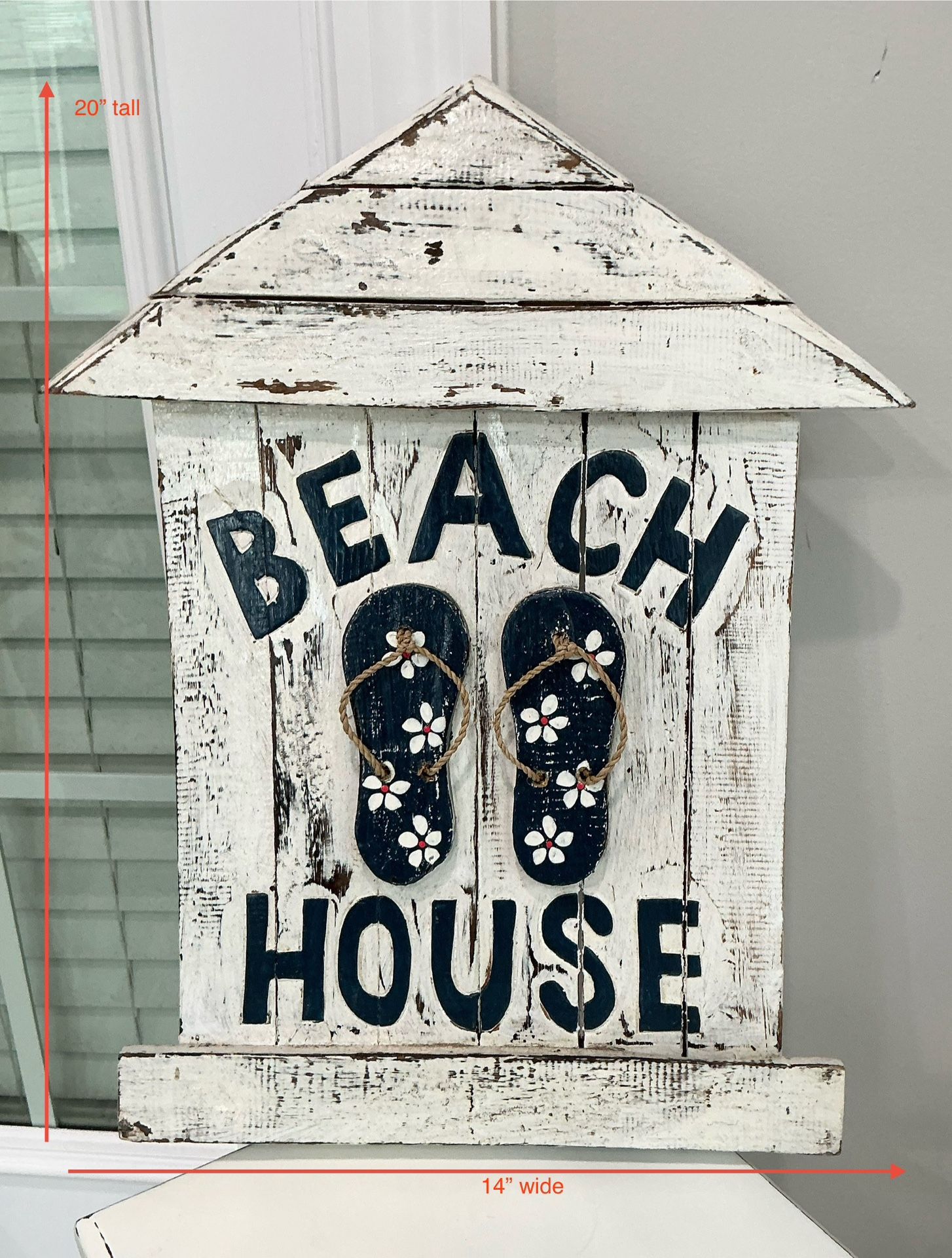 Shabby Weathered White, Brown & Blue Hanging Wood “Beach House” Sign with Flip Flops