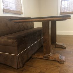 Antique Trestle Dining Table With Upholstered Bench