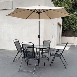 (New in box) $140 Outdoor 6pcs Patio Set with 32x32” Table, 4pc Folding Chairs and 10ft Tilt Umbrella 