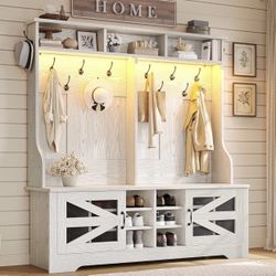 Hall Tree with Bench and Shoe Storage, 5-in-1 Entryway Bench with Coat Rack, 16 Shoe Cubbies & 12 Coat Hooks, Barn Door & Adjustable Shelf