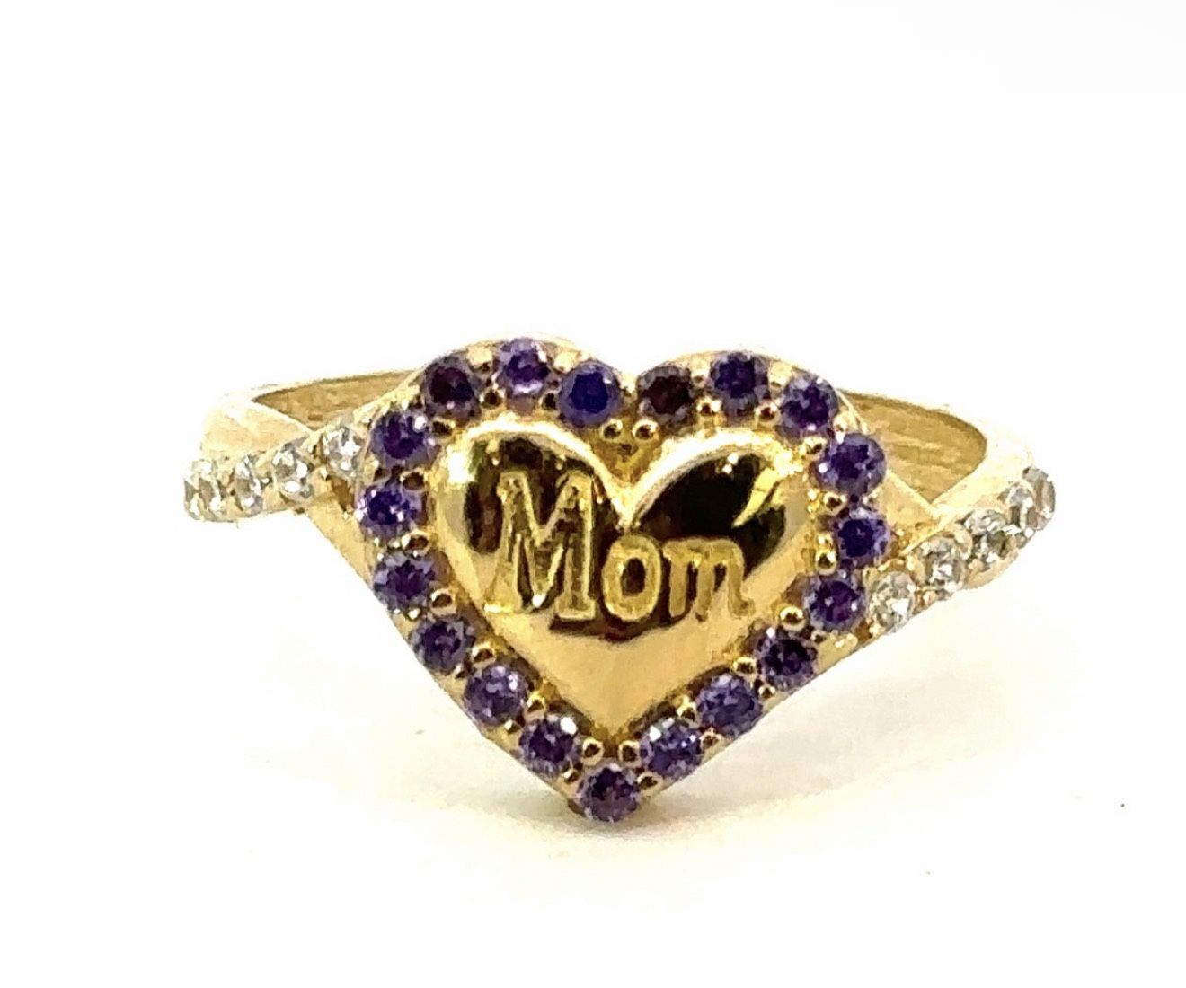 Woman’s Ladies 10k Yellow Gold CZ Cubic Zirconia Mom Purple Heart Band Ring Size 7 GP3116286