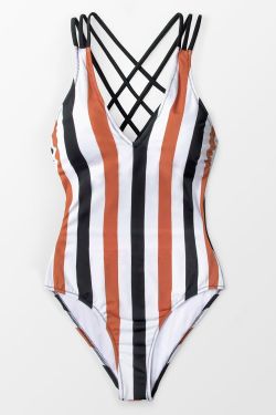 Cupshe Black White and Burnt Orange Stripe One-piece Swimsuit - M