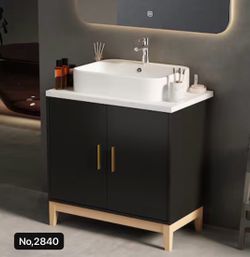 31.6” Modern Bathroom Vanity Cabinet Two Door Two Shelf MDF Painted Storage Cabinet with Golden Handles Artificial Stone Sink Elevated Pine Legs Moist