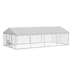 20x10 FT Large Outdoor Dog Kennel with Canopy, Heavy Duty Galvanized Steel Frame, Waterproof Cover, Built-in Elevated Feeding Bowls, Escape-Proof Lock
