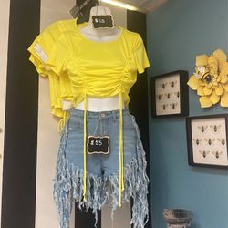 Fringe Shorts And Drawstring Crop