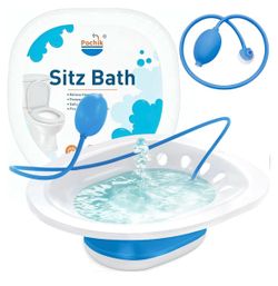 Pochik Sitz Bath for Toilet Seat Hemorrhoids and Postpartum Care, Yoni Steam Seat, Perineal Soaking, Collapsible, Flusher Hose, Drain Holes, Wider Sea