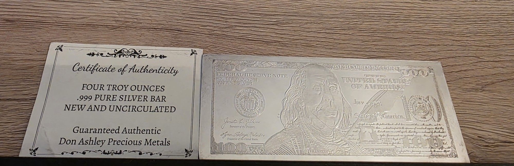 Four Troy Ounces  .999 Silver Bar