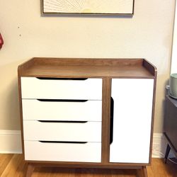 White & Walnut Storage Dresser/Shoe Cabinet - Midcentury Style