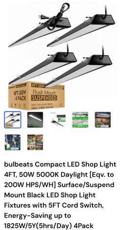 bulbeats Compact LED Shop Light 4FT, 50W 5000K Daylight [Eqv. to 200W HPS/WH] Surface/Suspend Mount Black LED Shop Light Fixtures with 5FT Cord Switch